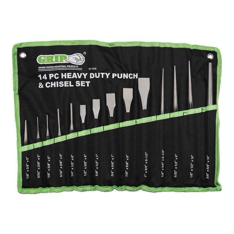 Grip 14 pc Heavy Duty Punch & Chisel Set - Center Punch, Pin Punches, Cold Chisels, Taper Punches - Heavy Duty Storage Pouch - High Carbon Steel - Home, Garage, Workshop - Image 1